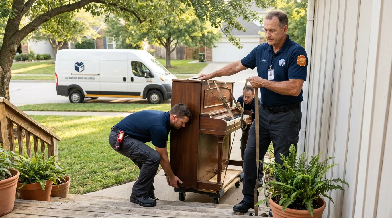 Licensed piano movers securing grand piano in Greenwood, IN