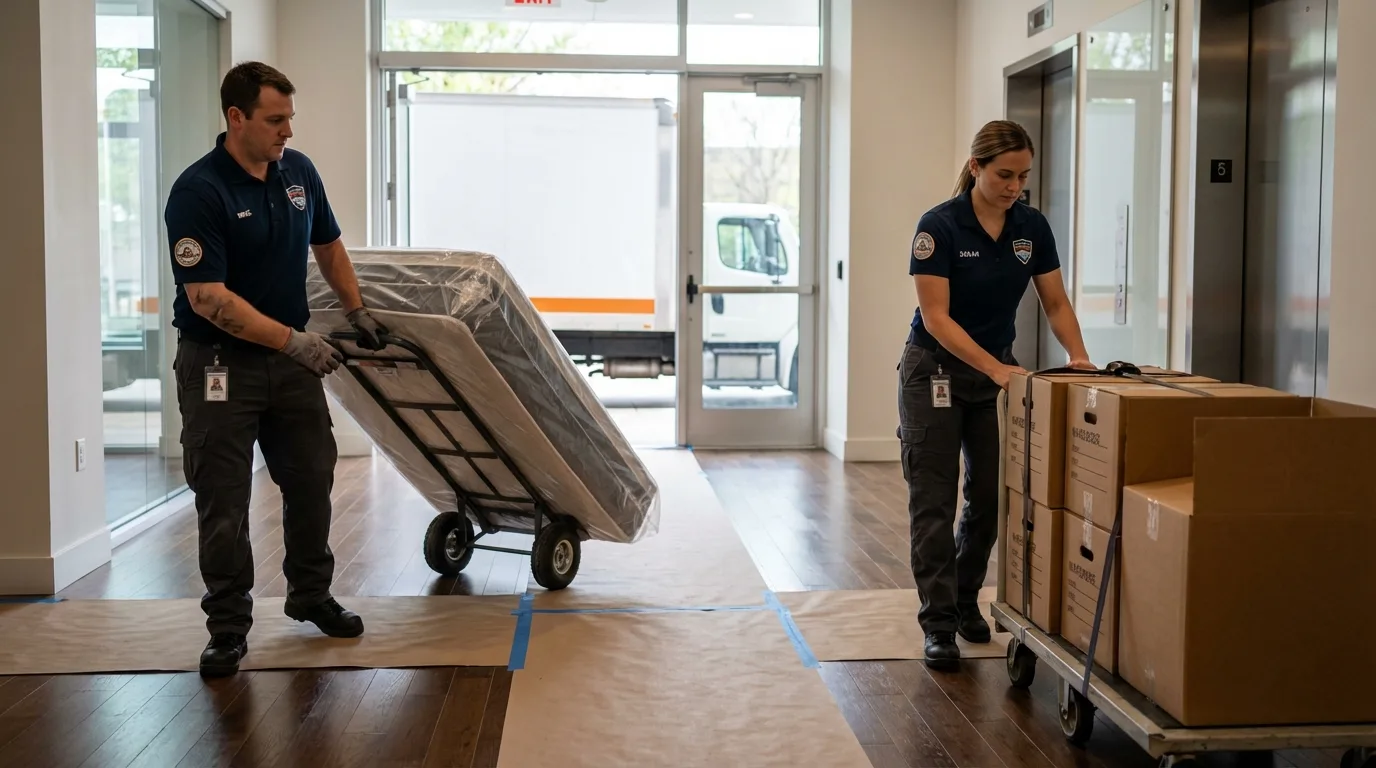 Professional apartment movers loading elevator in Greenwood, IN