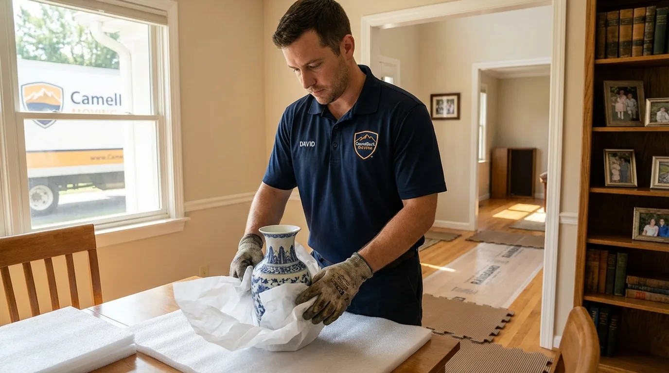 Professional crew carefully wrapping antique vase for senior downsizing move in Greenwood, IN