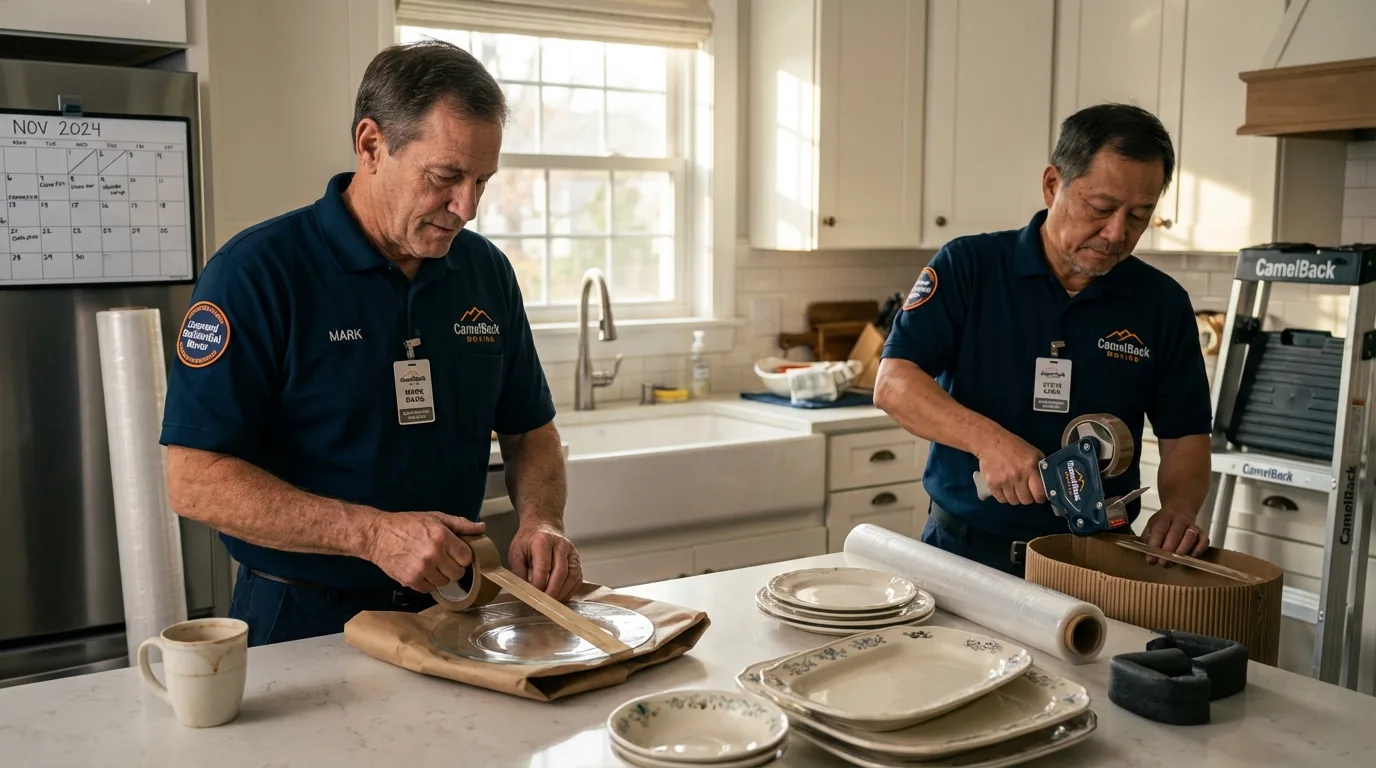 Professional crew packing kitchen dishware in Greenwood, IN